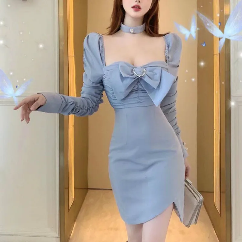 

French Woman Renaissance Vintage Gentle Fairy Dress Harajuku Sweet Girl Square Collar Bowknot Slim Split Party Folds Chic Dress