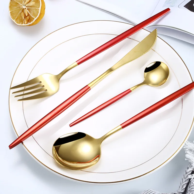 

Red Gold Cutlery Set Fork Spoon Knife Stainless Steel Cutlery Set 20Pcs Kitchen Tableware Dinnerware Dinner Set Dropshipping