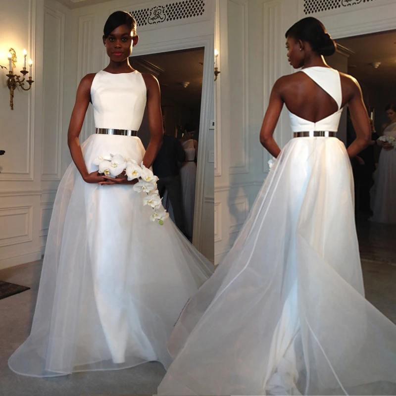 

Gold Belt Organza Open Back A Line Cheap Custom Simple Elegant Wedding bridal evening gown 2018 Mother of the Bride Dresses