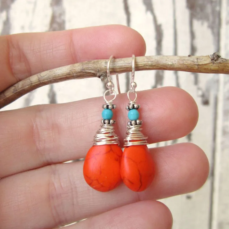 

Wire Wrapped Orange and Turquoise Earrings. Orange Turquoise Howlite Dangle Earrings. Tangarine Orange Earrings