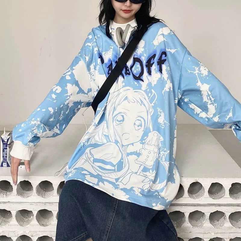 

Sweatshirts Men And Women Japanese Autumn And Winter Tie-dye Round Neck Plus Velvet Student Loose Cartoon Anime Printing