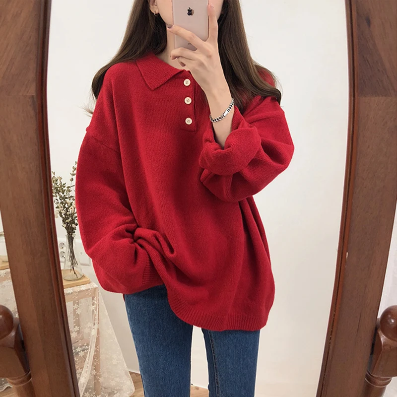 

Retro Solid Color Polo Collar Harajuku Loose Lapels Women Sweater Puff Sleeves Korean Knitted Tops Female Long Sleeve Clothing