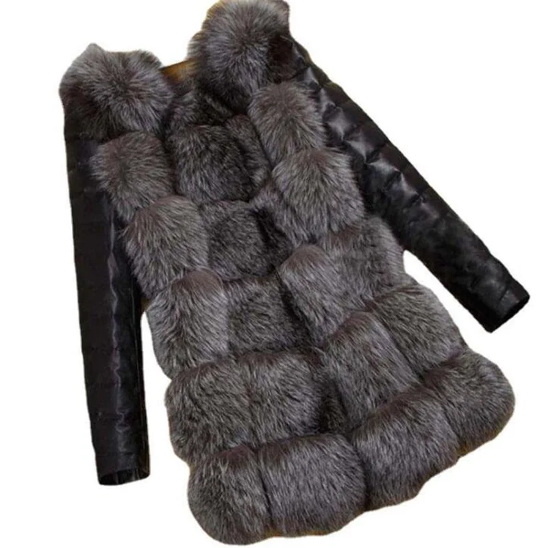 New fur coat womens jackets fox hair stitching PU long sleeve warm autumn winter black casacos de inverno feminino шубка искуств