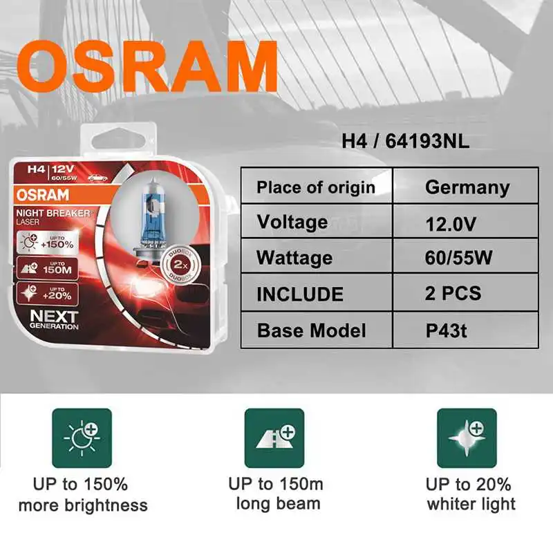 

OSRAM Night Breaker Laser Next Generation H7 12V 55W PX26d 64210NL +150% Bright Car Halogen Headlight Bulb