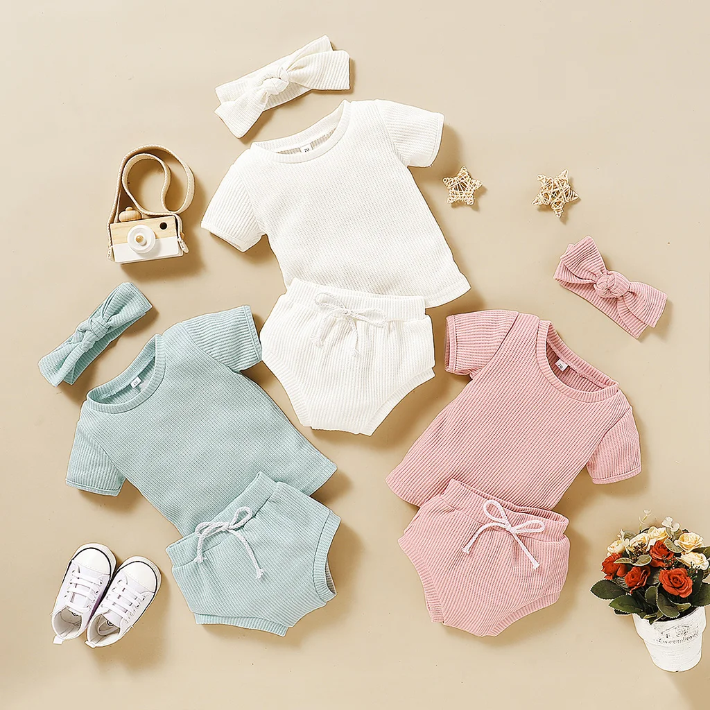 

3PCS Newborn Toddler Baby Girl Clothes Set Short Sleeve T-shirt Top + Shorts Summer Outfit Baby Set