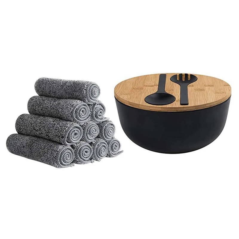 

Bamboo Fiber Salad Bowl And Servers Set With 10Pcs Kitchen Towel, Absorption Charcoal Fiber Kitchen Towels