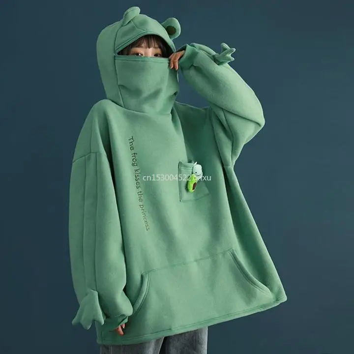 Unisex Frog Zipper Hoodie Fleece Lined Springtime Embroidery oversized Sweatshirt Harajuku Warm Pullover Korean Style Dropship
