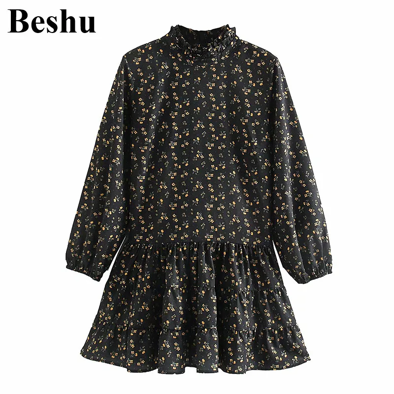 Za 2019 женское платье цветочный принт высокая талия стоячий воротник черное мини