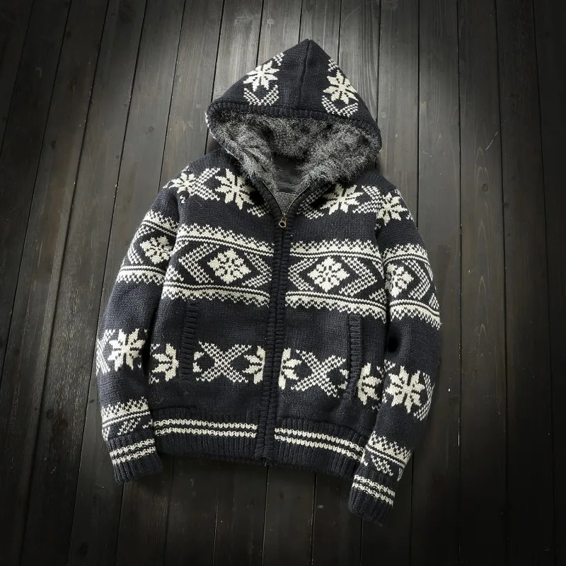 

Thick Fleece Liner Autumn Winter Warm Mens Knitted Hooded Open Stitch Long Sleeve Zipper Male Cashmere Blends Sweaters Coats