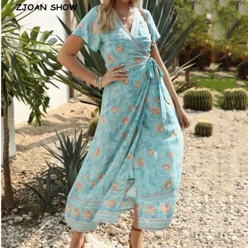 Женское летнее платье с запахом длинное V-образным вырезом цветочным принтом