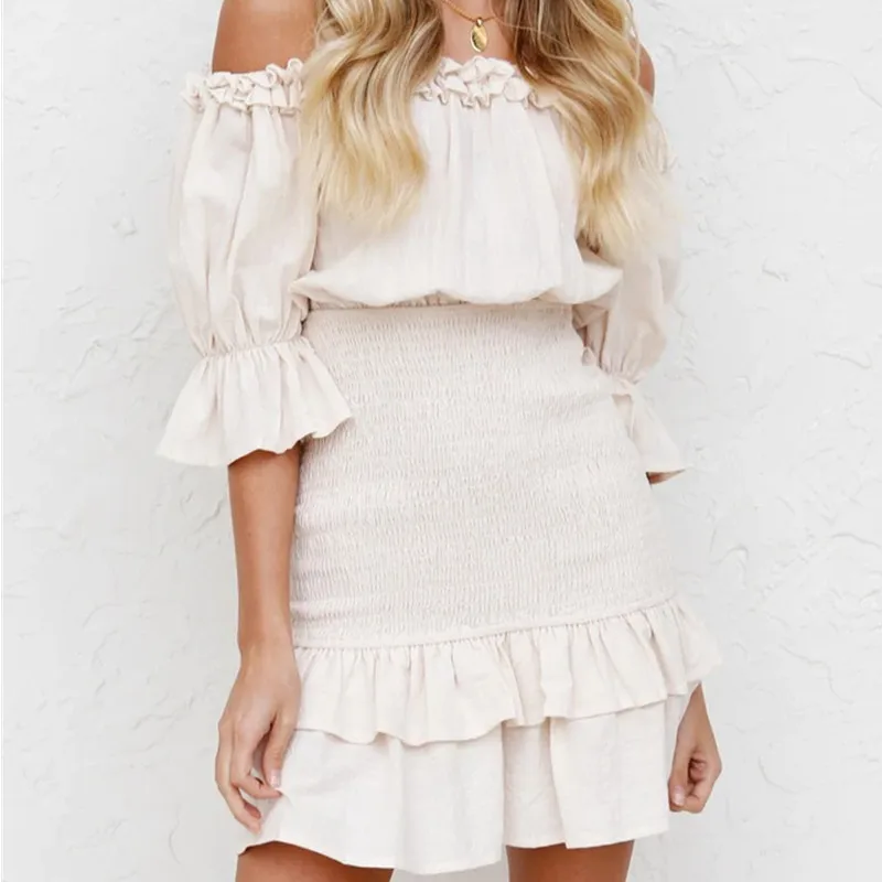 

Casual Solid Off Shoulder Ruffled Elastic Dress Women Summer Holiday High Waist Cotton Mini Dresses Slim Female Vestido