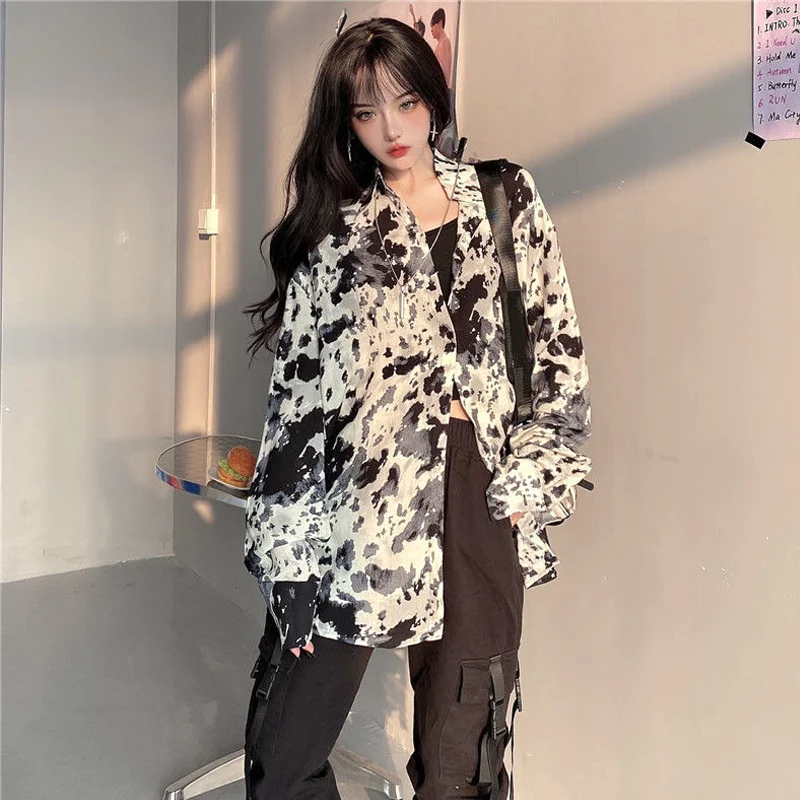 Женская блузка оверсайз с длинным рукавом камуфляжная Свободная рубашка принтом