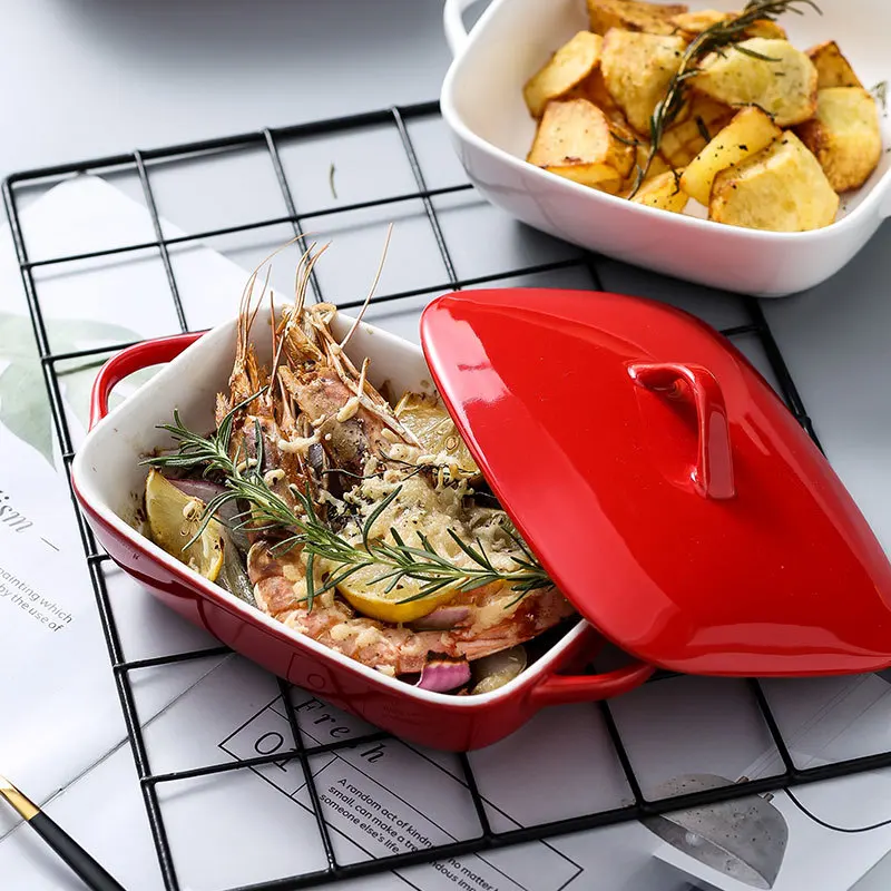 

Rectangular Ceramic Ovenware Household Binaural Cheese Baked Rice Plate and Bowl Baking Oven Microwave Oven with Lid