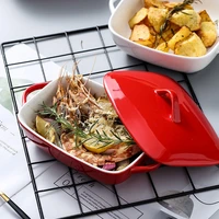 rectangular ceramic ovenware household binaural cheese baked rice plate and bowl baking oven microwave oven with lid
