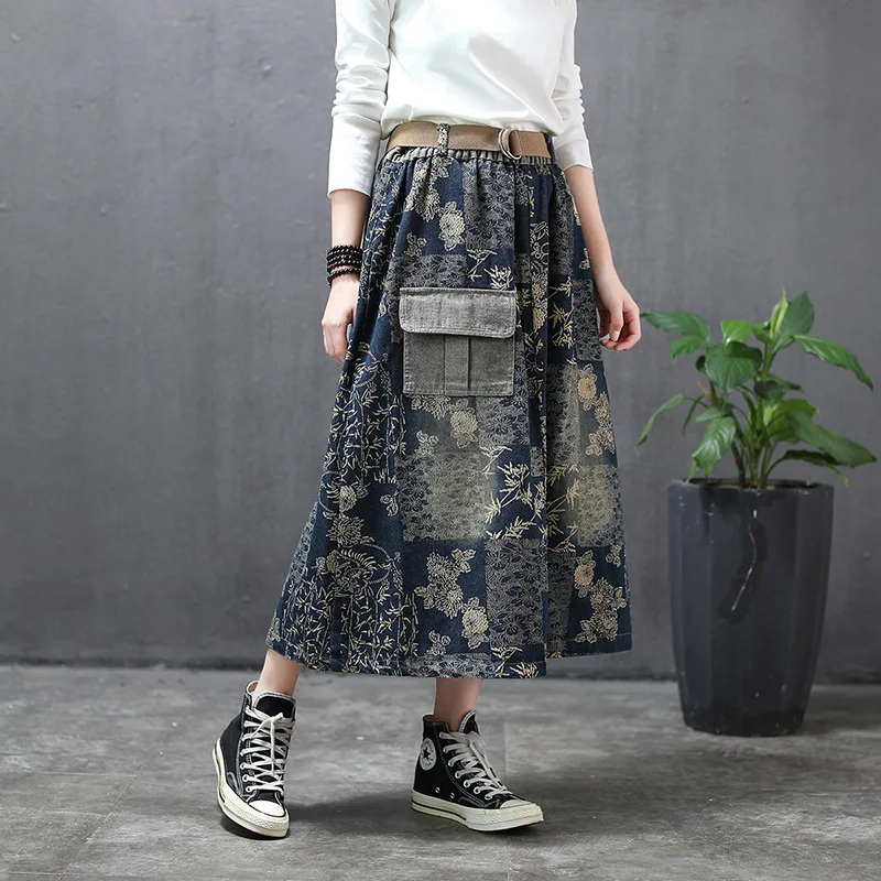 Джинсовая юбка в стиле ретро с принтом длинными свободными рукавами