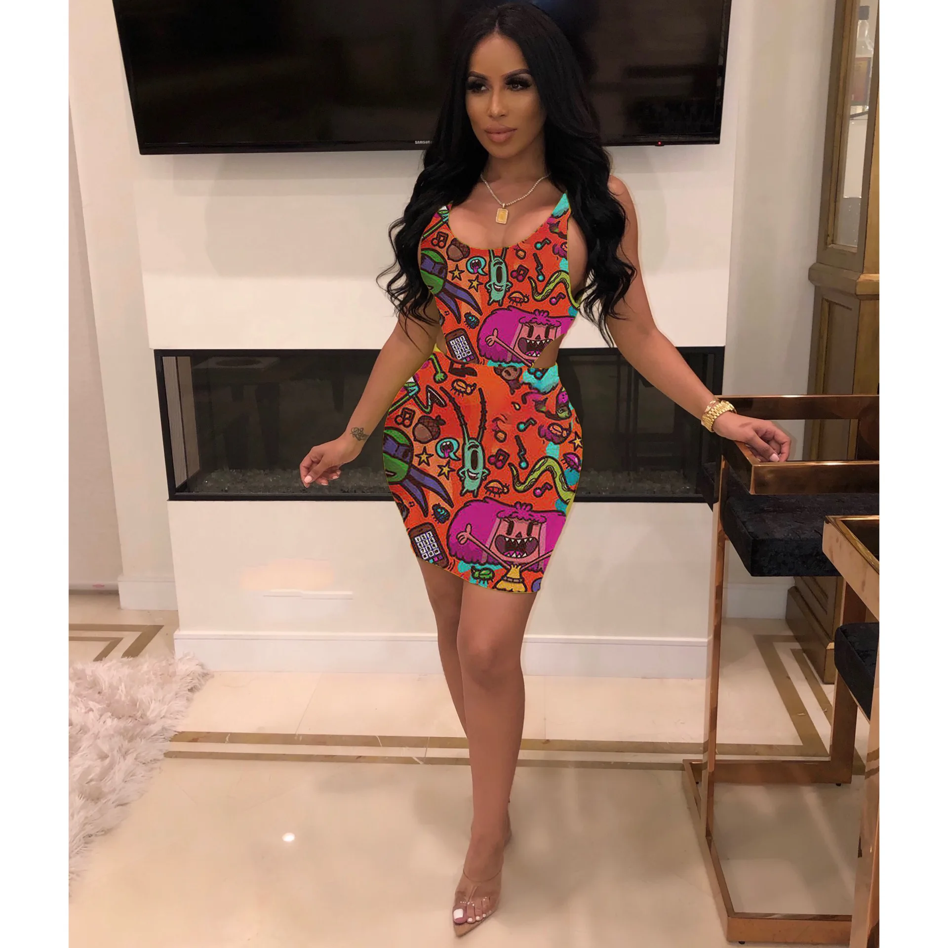 

2020 Hot Sale Lovely Cartoon Print Two Piece Set Summer Streetwear Women V Neck Tank Sleeve Tops And Tight Mini Skirts 4 Color