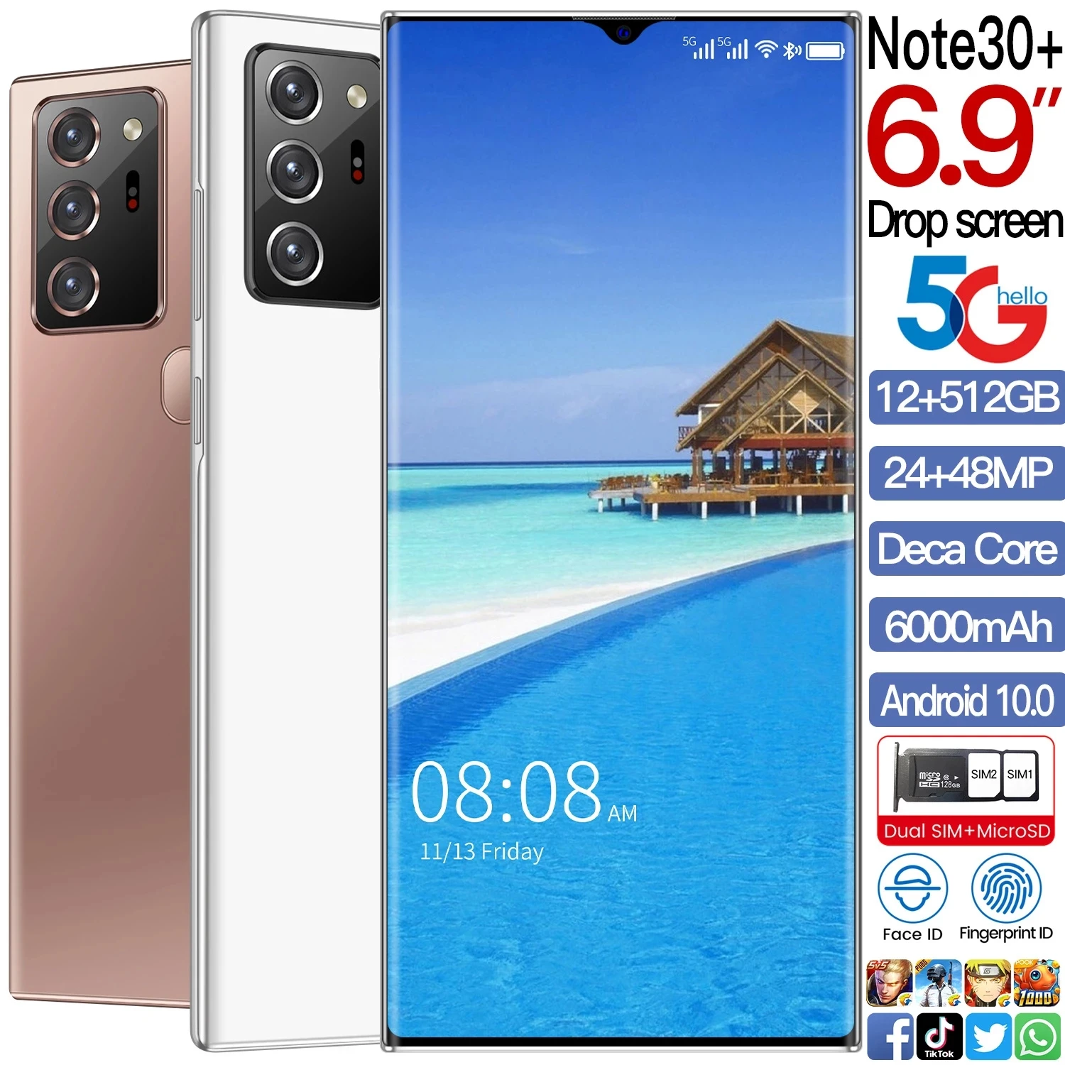 

Cheap Global Version Note30+ 6.9 Inch Smartphone 6000mAh 16+512GB 24+48MP Face ID Dual SIM 4G 5G Mobilephone Fast Shipping