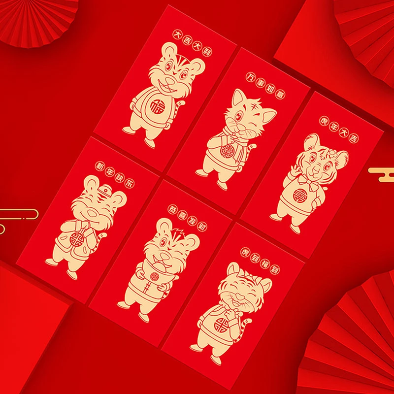 

6 шт. 2022 Китайский Зодиак, Новогодний подарочный пакет, красный конверт Hongbao для денег на удачу, красный конверт с тигровым годом