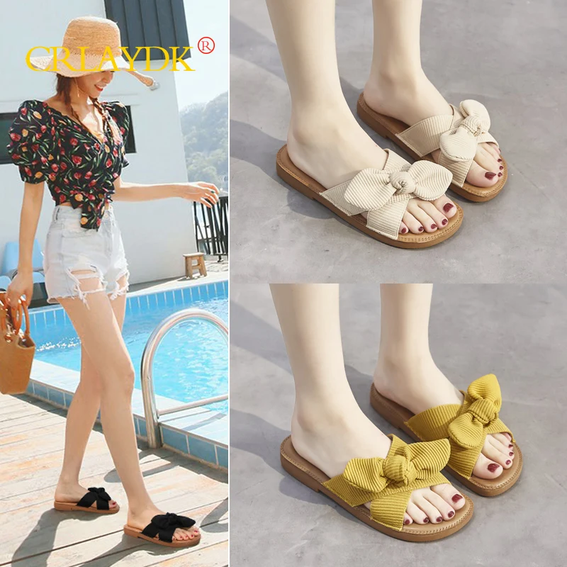 CRLAYDK Summer Bowknot Design Women Slippers Outdoor Beach Slide Sandals Casual Open Toe House Ladies Shoes Pantuflas De Mujer