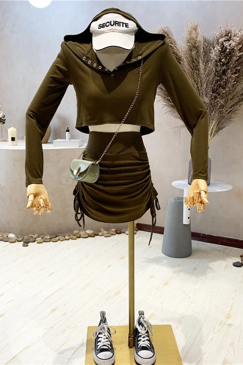 

2021 Summer New Korean Slim Fit Slimming Long Sleeves Hooded Short Top Pleating Short Skirt Two-Piece Set