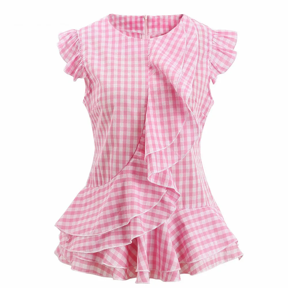 Женская летняя блузка без рукавов топы рубашки с оборками винтажная в мелкую