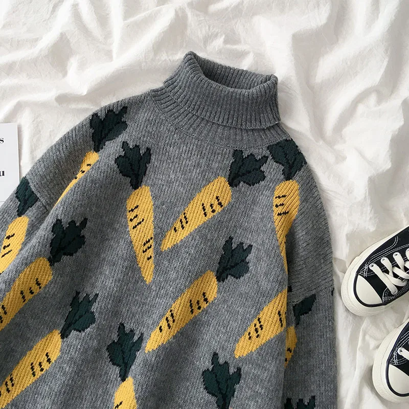 Gaganight Fashion Carrot Pattern Women Sweater Chic Turtleneck Pullover Female Grey Casual Loose Girl Jumper Autumn Winter Thick | Женская