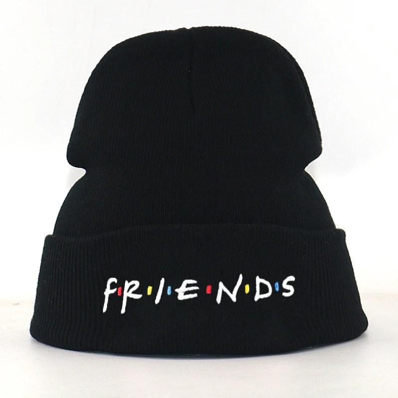Шапка-бини с вышивкой надписью friends хлопковая гибкая черная вязаная шапка для