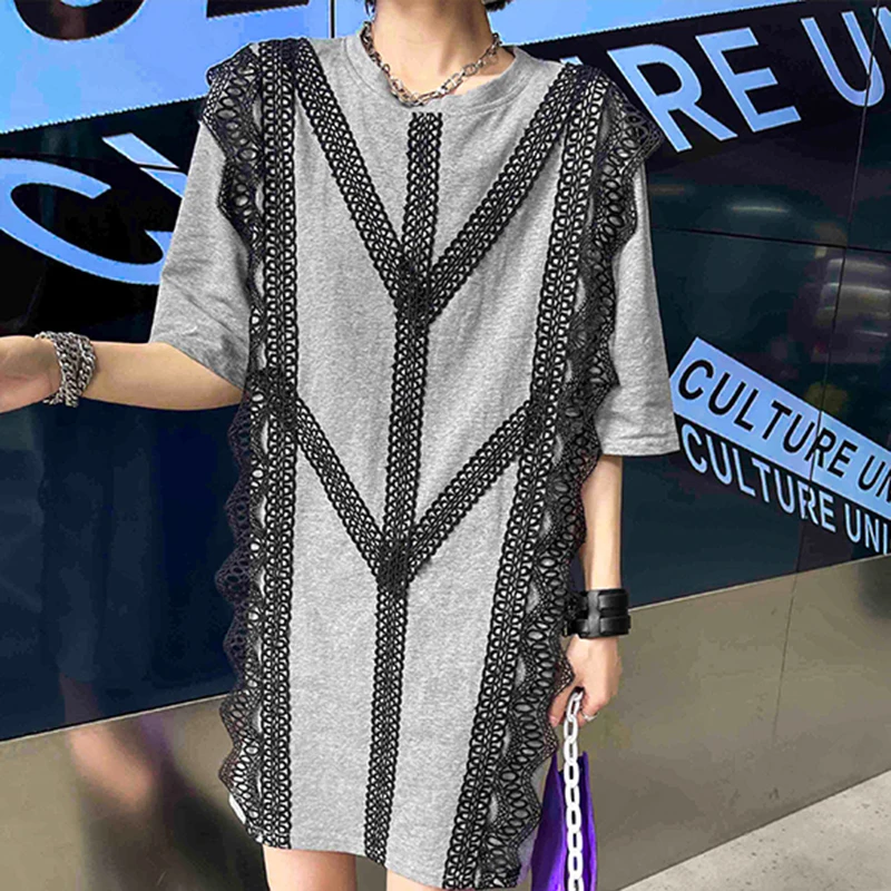 

CHICEVER Casual Patchwork Dress For Women O Neck Short Sleeve Lace Hollow Out Hit Color Dresses Female Fashion Clothing 2021 New