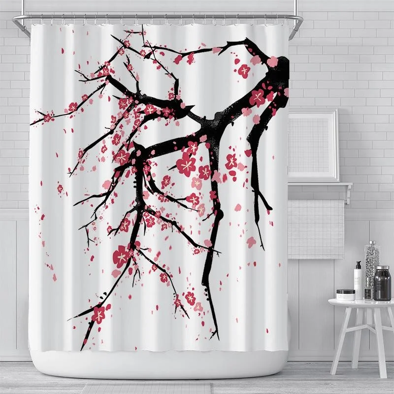 

Pink Cherry Blossom Peach Blossoms Shower Curtain White Background Girl Bathroom Waterproof Polyester Cloth Screen With Hook Set