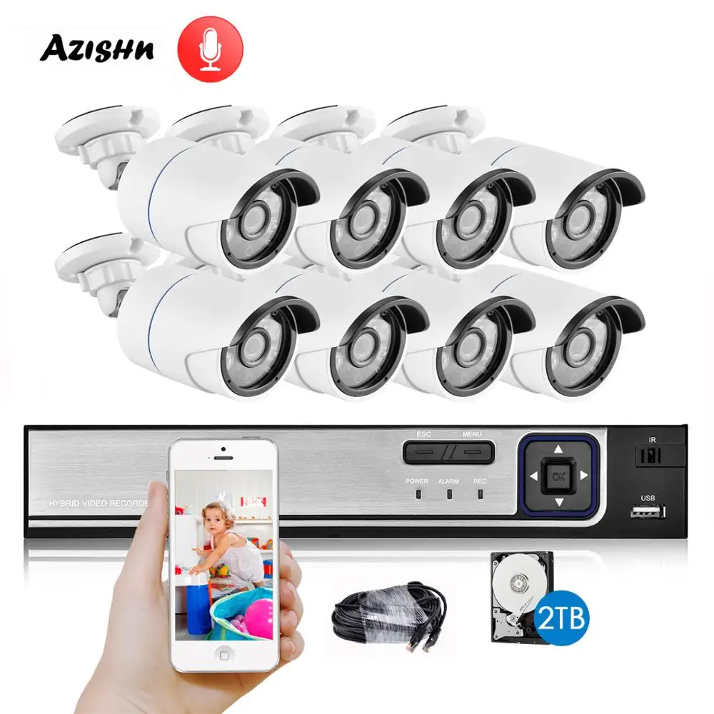 AZISHN H.265 8CH 4MP POE камера безопасности Система комплект аудио запись ip-камера ИК Открытый водонепроницаемый CCTV видеонаблюдения NVR комплект