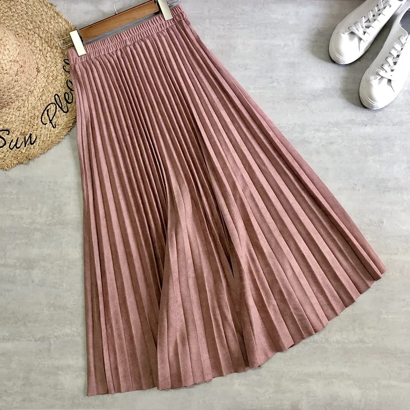 

2021 Long Skirts Suede Leather Pleated Midi Skirts Solid Color Office Lady Mid Calf Empire Casual Woman Skirts