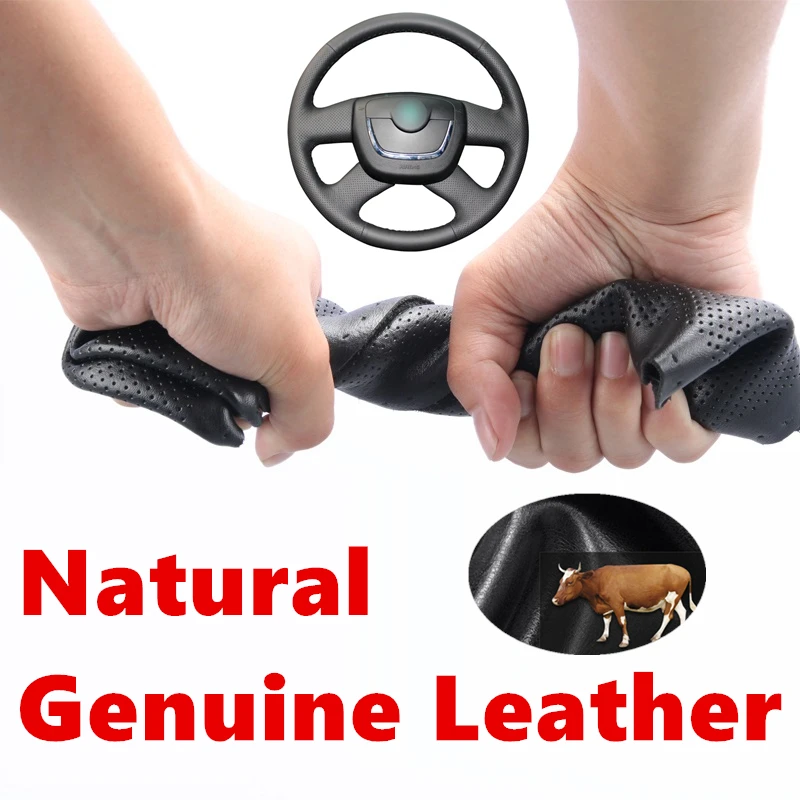 

Hand stitched Black Genuine Calfskin Leather Brown Car Steering Wheel Cover For Skoda Octavia Citigo Roomster Fabia Superb Yeti