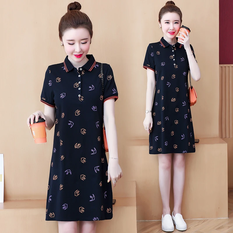 

Размера плюс футболки-поло платье для женщин в Корейском стиле Цветочный принт футболка платья для женщин; Женские туфли на плоской подошве...