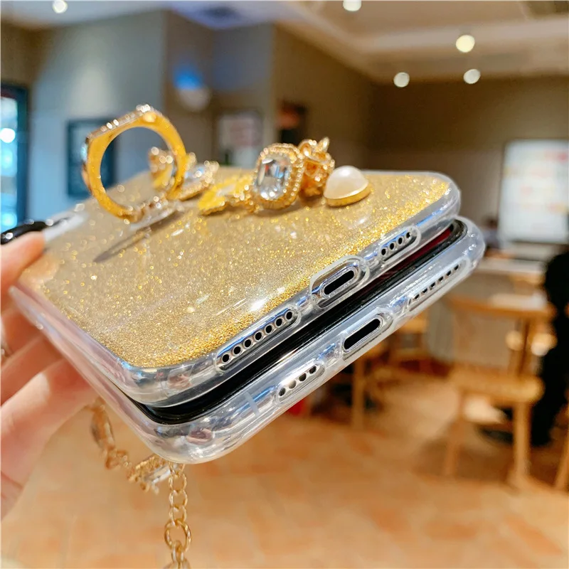 

Luxury Glitter Phone Case For iPhone 11 12 Pro Max XR X XS Max 8 7 Plus Flower Chain Wrist Strap Ring Holder Back Cover Funda