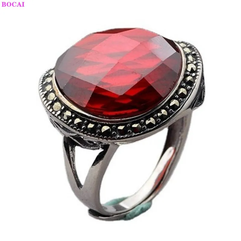 

BOCAI 100% S925 Sterling Silver Rings Garnet Chalcedony Agate Pure Argentum Color Gemstone Cut Plane Marcasite Jewelry for Women