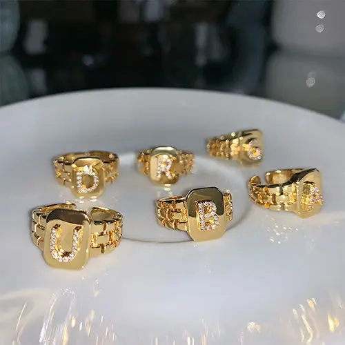 

Fashion Luxury English Letters Open Ring Strap Design Minority All-Match European and American Retro Gold rings for women