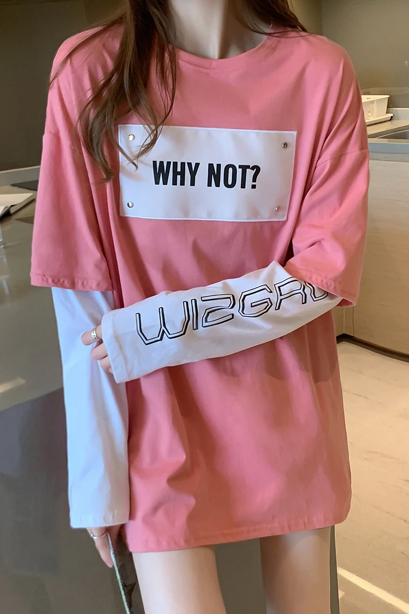 

Women T-Shirt Cotton Short Long Sleeve Lady T Shirt Letters Spring Autumn Female Blusa Pink Plus Size Fashion Fake Two Top Tees