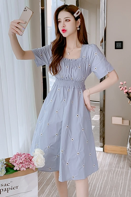 

COIGARSAM Cute Embroidery Women one-piece dress korean New Summer Dresses White Blue 6832