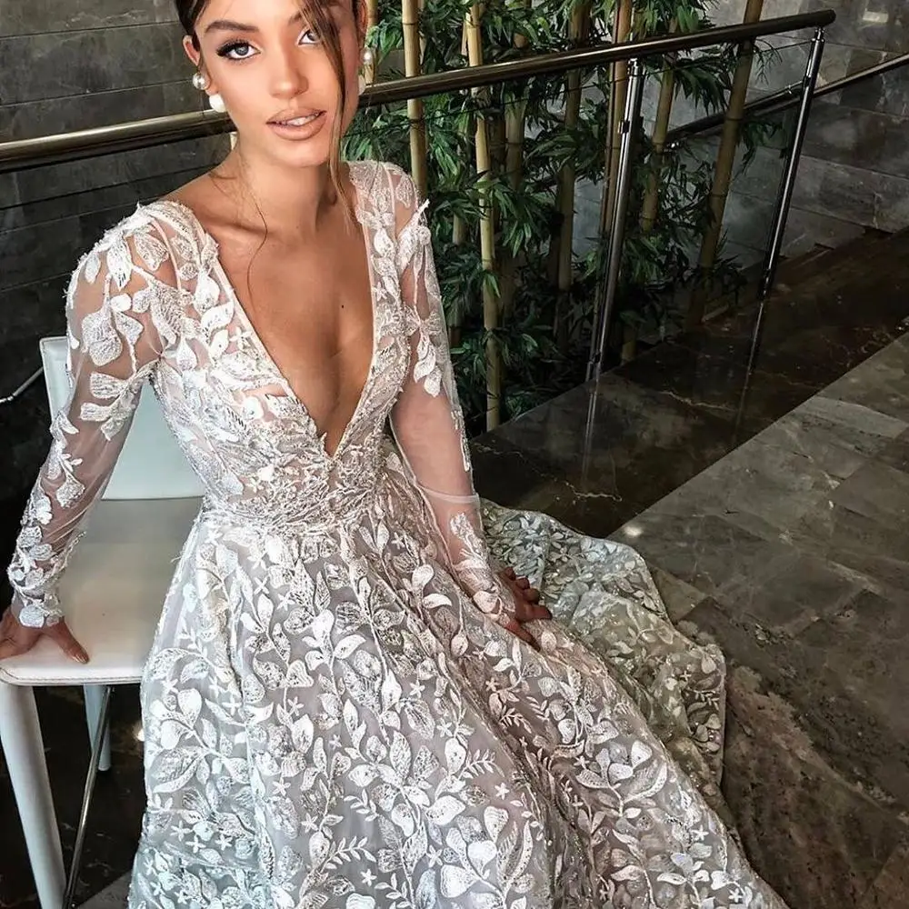 

Elegant V Neck Bride Dresses 2020 New Chiffon Backless Wedding Gowns Long Sleeves Appliques Top Lace Wedding Dress HA140