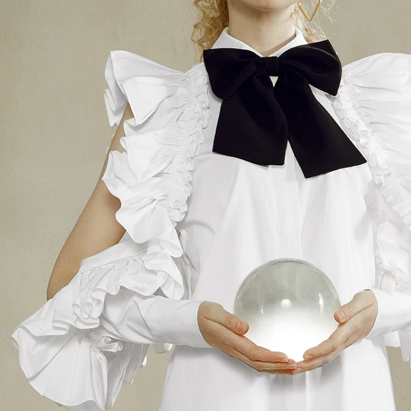 

VGH White Ruched Off Shoulder Shirt For Women Lapel Long Sleeve Casual Hollow Out Patchwork Ruffle Blouse Female Fashion Autumn