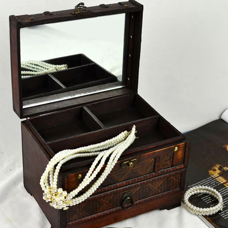 

Wooden Jewelry Organizer Classical Style Vintage Pattern Makeup Storage Box With Mirror Treasure Display Beauty Box Home Decor