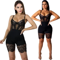 wuhe black lace patchwork short sexy playsuit spaghetti strap bandage jumpsuits elegant tracksuit women bodycon bodysuit
