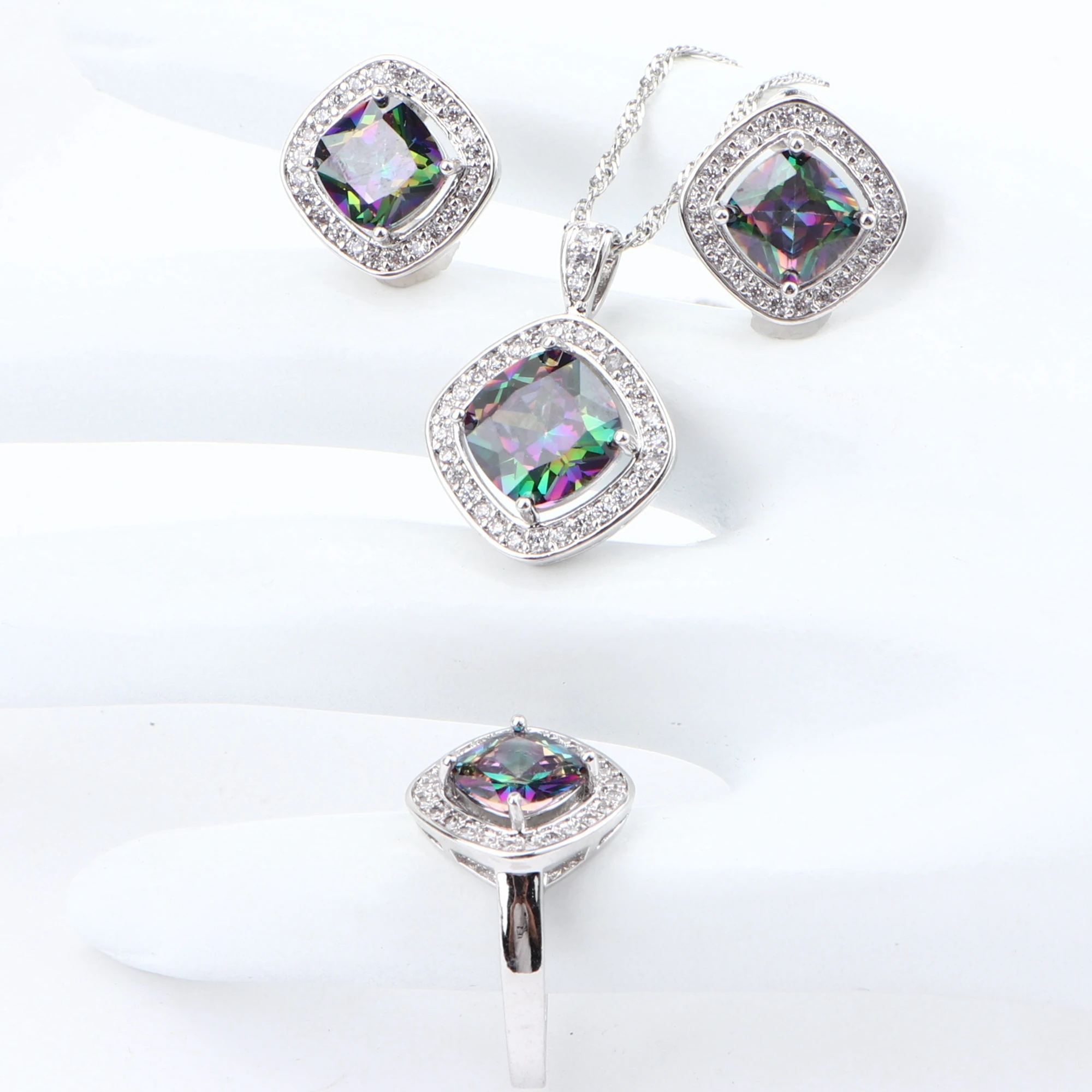 Rainbow Cubic Zirconia Bridal Jewelry Sets Silver 925 Women Costume Wedding Pendant Bracelet Rings Earrings Necklace Set | Украшения и