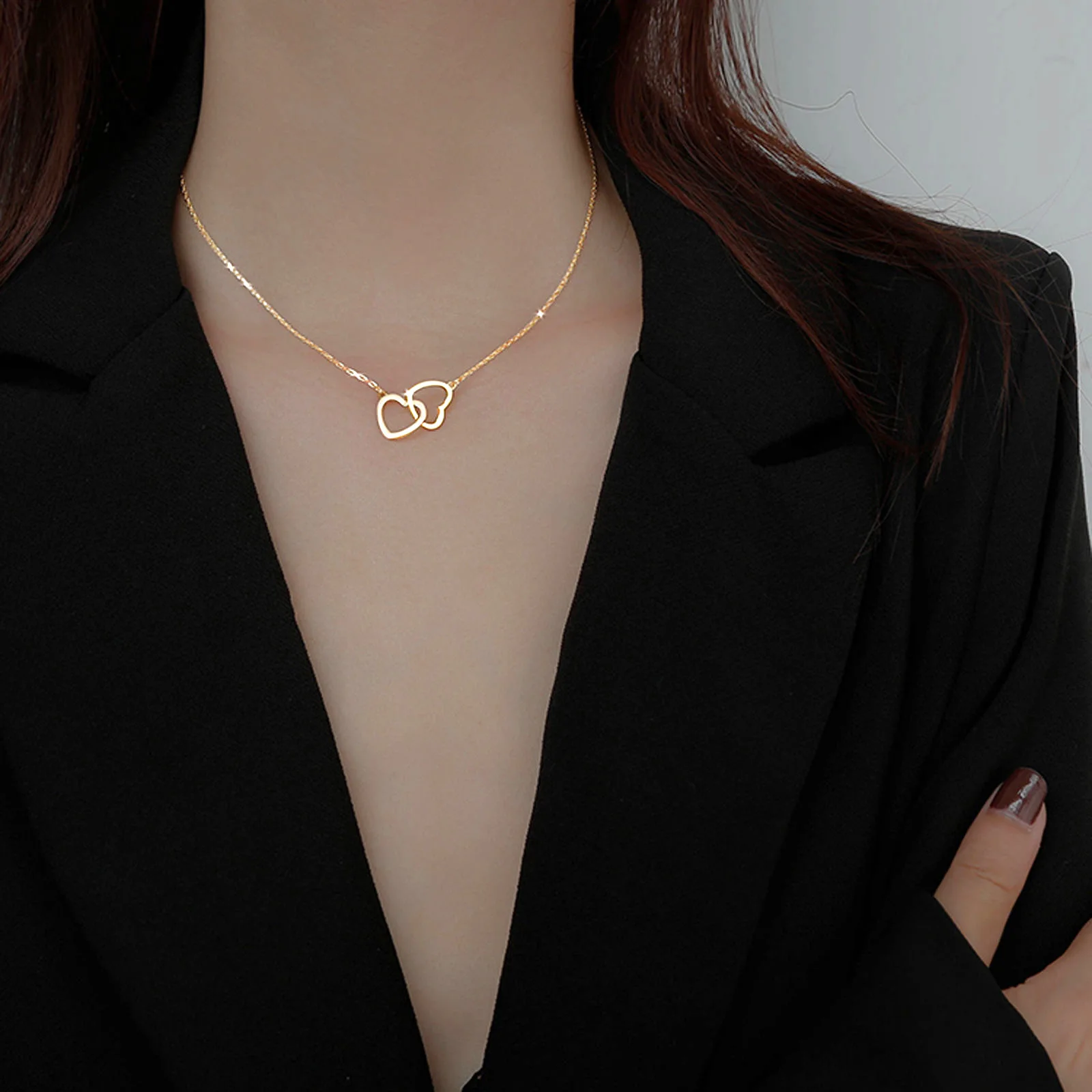 

925 Sterling Silver Heart Necklace Shiny double Heart love Zircon Circle Pendants Necklaces Gold Choker collar Chain Jewelry