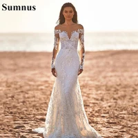 sumnus mermaid wedding dresses lace appliques tulle bridal gowns with train long sleeves vintage wedding gowns 2021