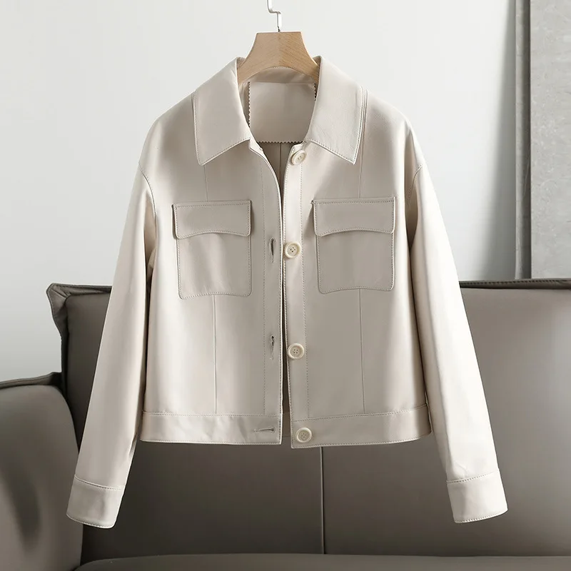 

Womens Autumn Winter Turn-down Collar Button Down Outerwear With Pockets 2022 New Slim Short Genuine Sheepskin Leather Jacket