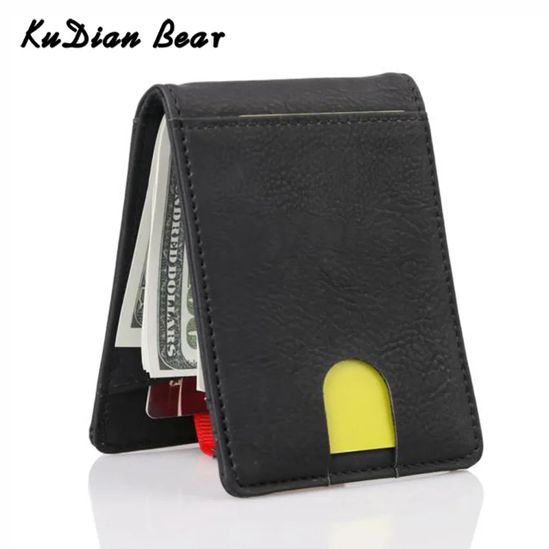 KUDIAN BEAR Men Money Clip Wallet Metal Clamps Rifid Card Case PU Leather Solid Men's Wallets Luxury Brand Carteira BIH203 PM49 | Багаж и
