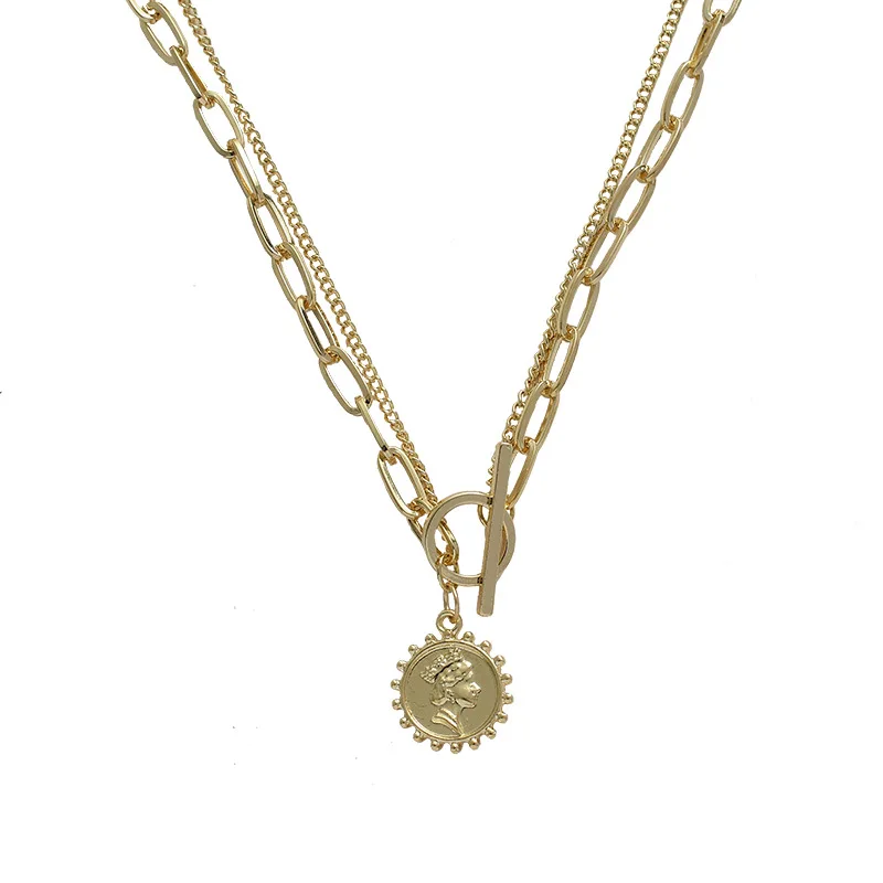 

Beauty head double necklaces women's fashion cool wind simple temperament high level light luxury sweater chain clavicle chain