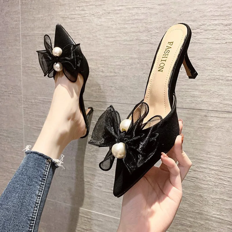 

Shoes Woman 2021 Female Slippers Butterfly-Knot Thin Heels String Bead Pointed Toe Med Heeled Mules Luxury Slides New Cover High
