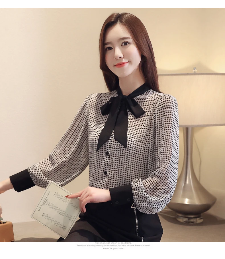 

womens tops and blouses long sleeve women shirts fashion bow collor office blouse women plaid chiffon shirt female top Plus size